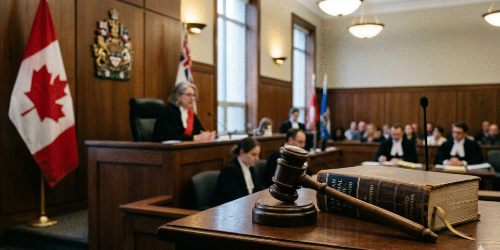 Judge gavel with Canadian flag background